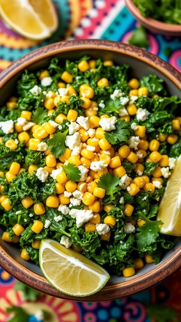A colorful kale elote salad with corn, cotija cheese, and lime, garnished with cilantro, in a rustic bowl.